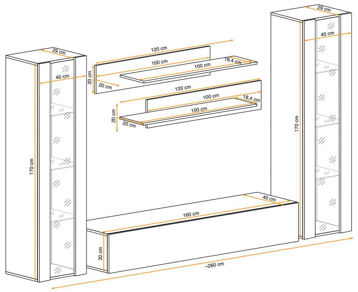 WOHNWAND Eiche Jackson 5-teilig 260 cm, Schrankwand hängend mit LED und Push-to-Open - Eichefarben, Glas/Holzwerkstoff (260/170/40cm) - Inn.Furn
