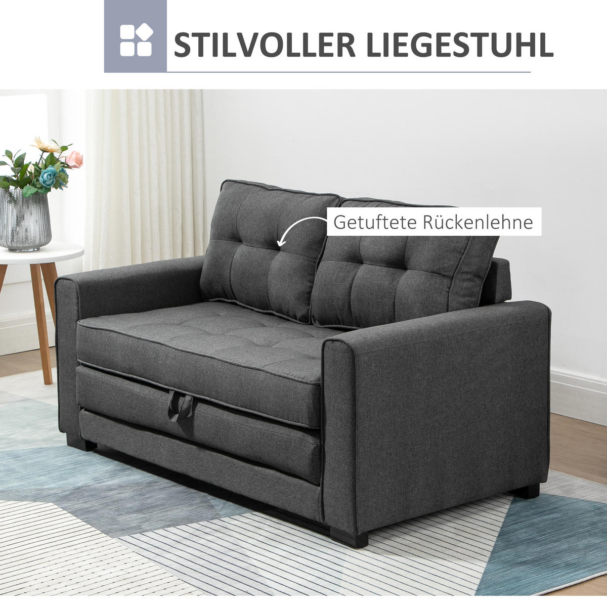 SCHLAFSOFA Klappsofa 2-Sitzer Sofa mit Schlaffunktion Leinen-Touch Holz Grau - Schwarz/Grau, Holz/Textil (75/85/147.5cm) - HOMCOM