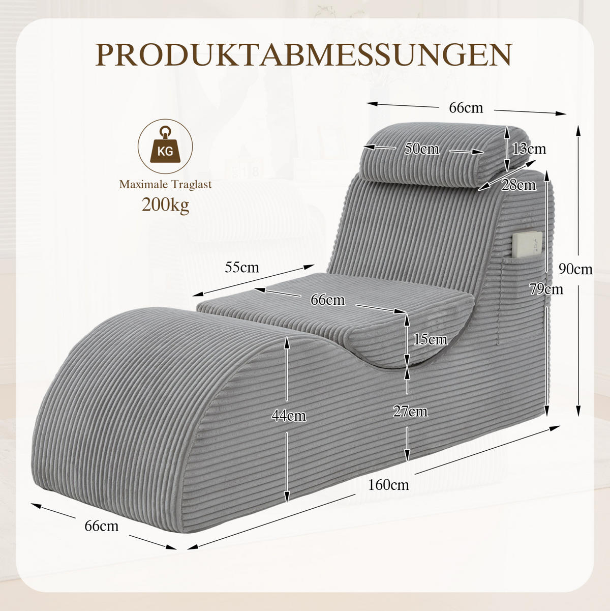 KŘESLO 160/66/90 cm světle šedé z manšestru s ergonomickým opěradlem a boční kapsou - světle šedá, textil (66/90/160cm) - OKWISH