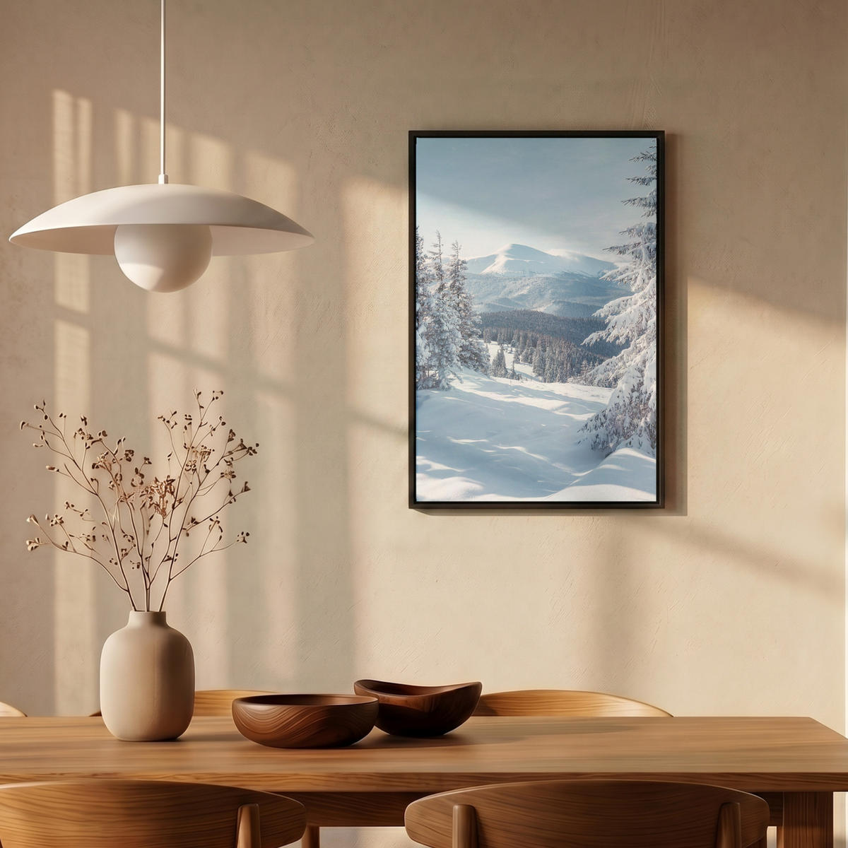 LEINWAND Bilder mit Rahmen - Winterlandschaft - Natur - Berge - Bäume - Schnee - 40x60 - Hellblau, Textil (40/60cm) - MuchoWow