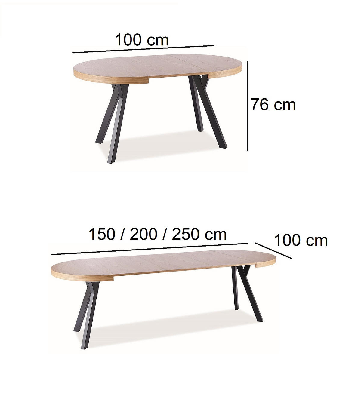ESSTISCH rund Eiche Natur - Schwarz ausziehbar - Eichefarben/Schwarz, Holzwerkstoff (100/100/76cm) - designimpex