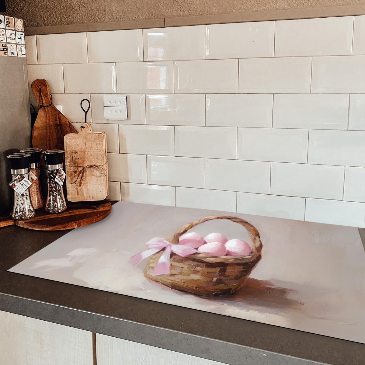 HERDABDECKPLATTE Korb - Eier - Rosa Ceranfeldabdeckung 85x52 cm - Beige, Kunststoff (85/52/0.2cm) - MuchoWow