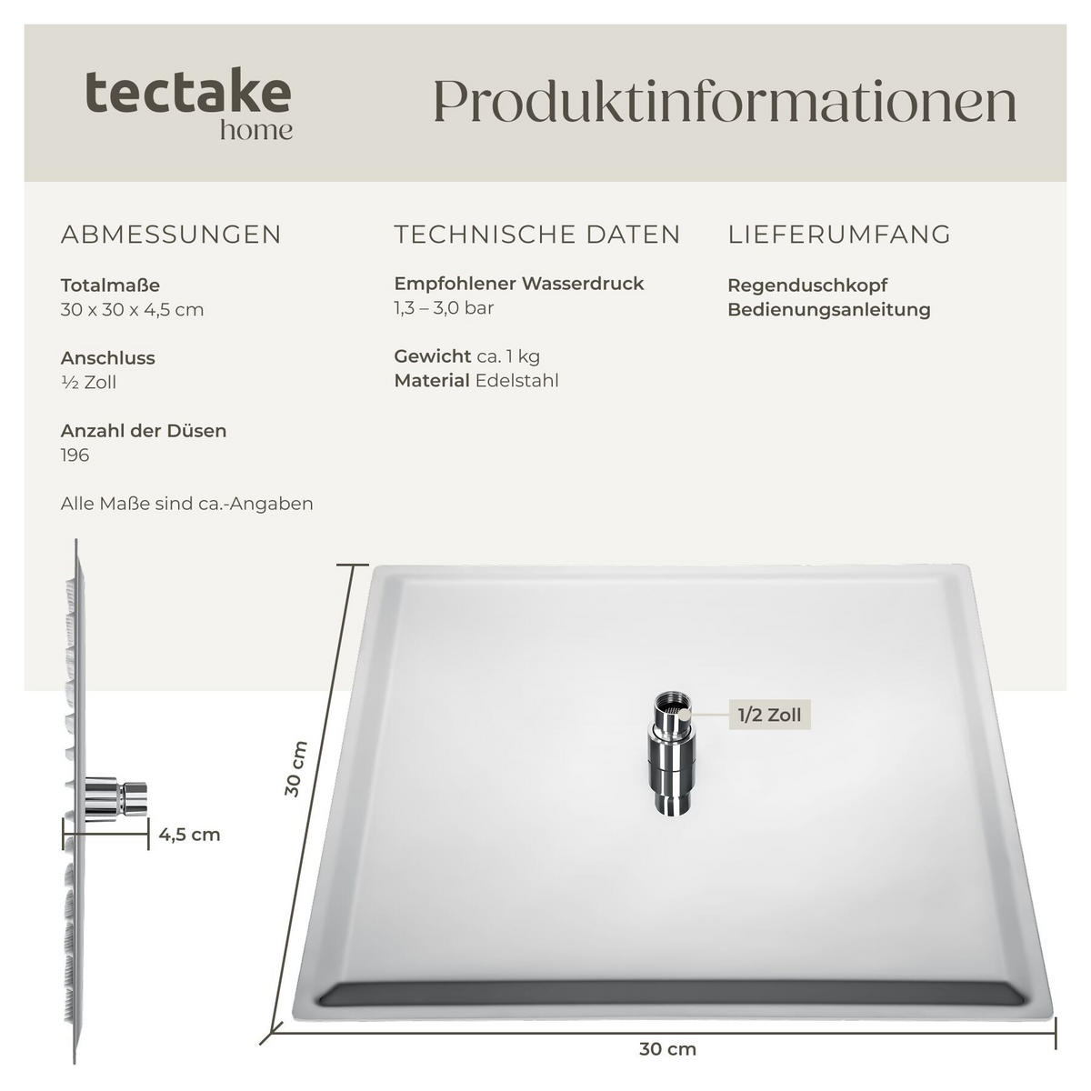 REGENDUSCHKOPF , 1/2 Zoll Gewinde, silber - Silberfarben, Metall (30/4.5/30cm) - tectake