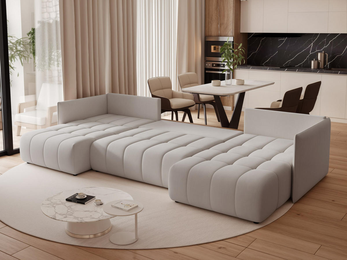 WOHNLANDSCHAFT OLIMPIA mit Schlaffunktion und Bettkasten Hellgrau - Hellgrau, Holzwerkstoff/Kunststoff (300/85/90cm) - Idohome