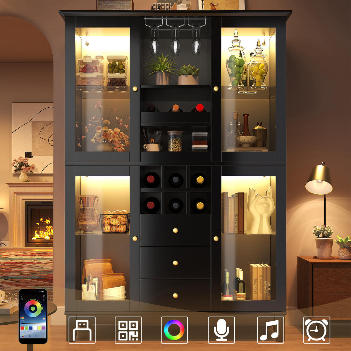 BUFFET Weinschrank mit LED-Steuerung, Glasböden & Kippsicherung Groß Holzwerkstoff - Schwarz, Glas/Holzwerkstoff (120/180.5/40cm) - EVRYAE