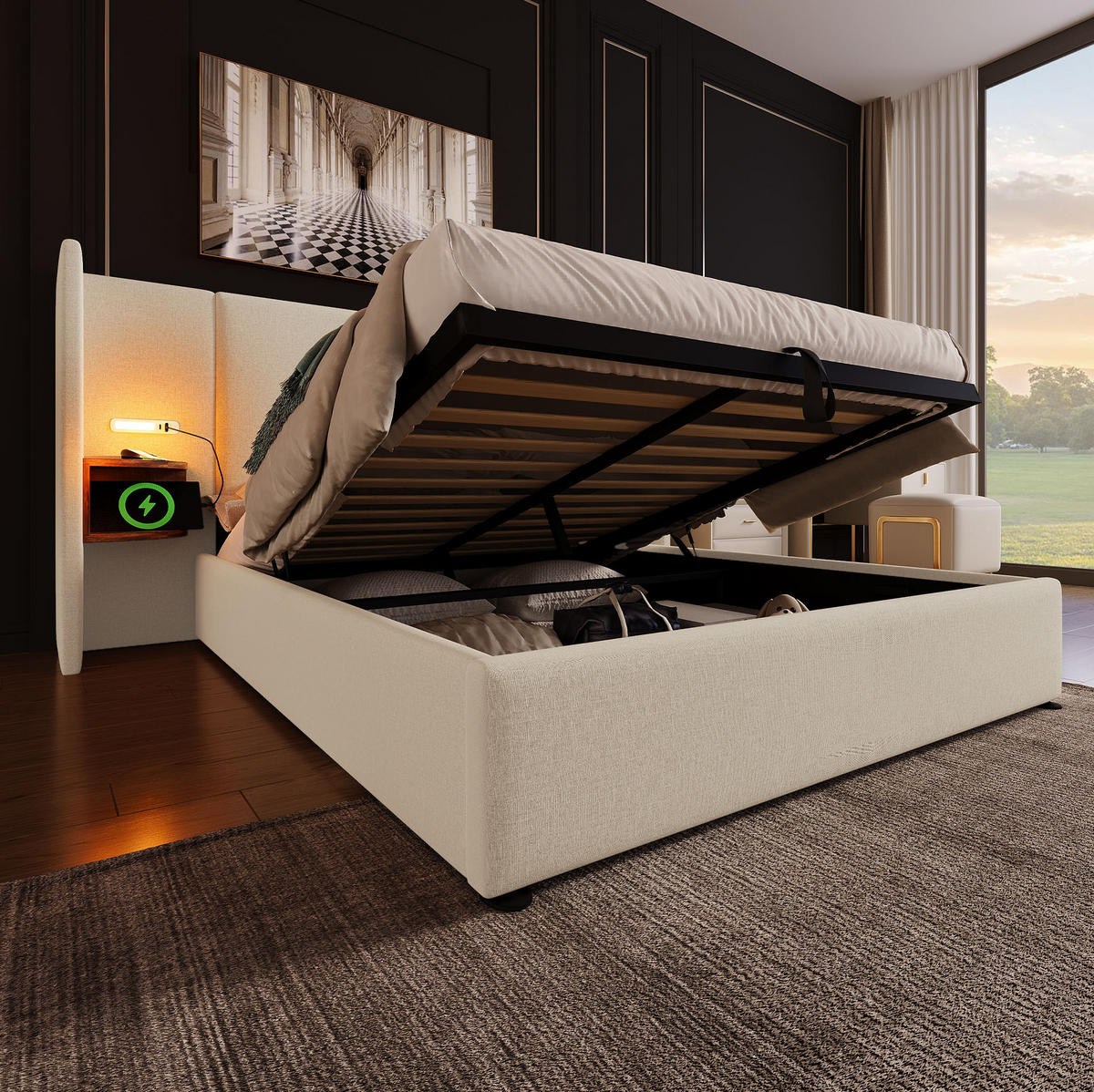 BETT mit Stauraum 160x200 cm Leinen Beige mit USB und Leselampe - Beige, Metall (160/200cm) - Meubliv
