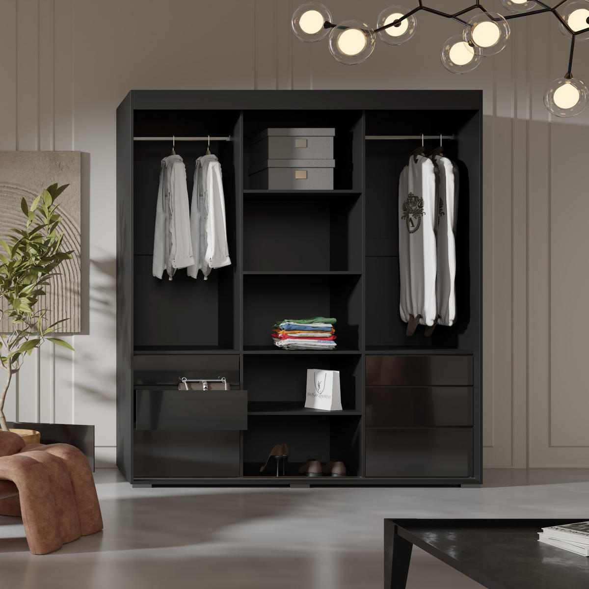 SCHIEBETÜRENSCHRANK mit Schubladen Torino 3D 180 Schwarz (Lacobel) - Silberfarben/Schwarz, Holzwerkstoff/Metall (180/204/65cm) - mzm24