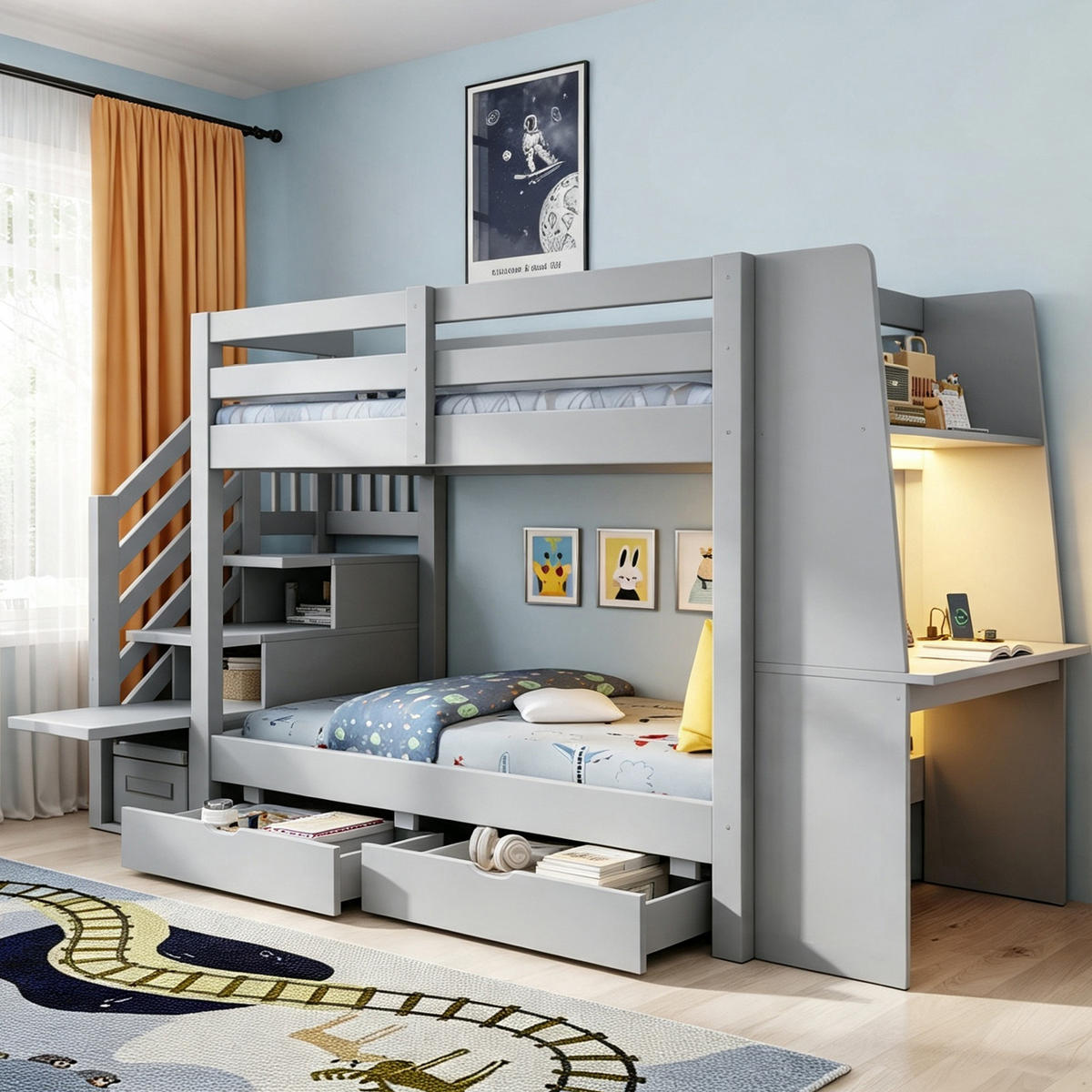 ETAGENBETT 90/200 cm mit Schreibtisch und LED, DE-41592, in Grau - Grau, Holzwerkstoff (90/200cm) - ComfortXL