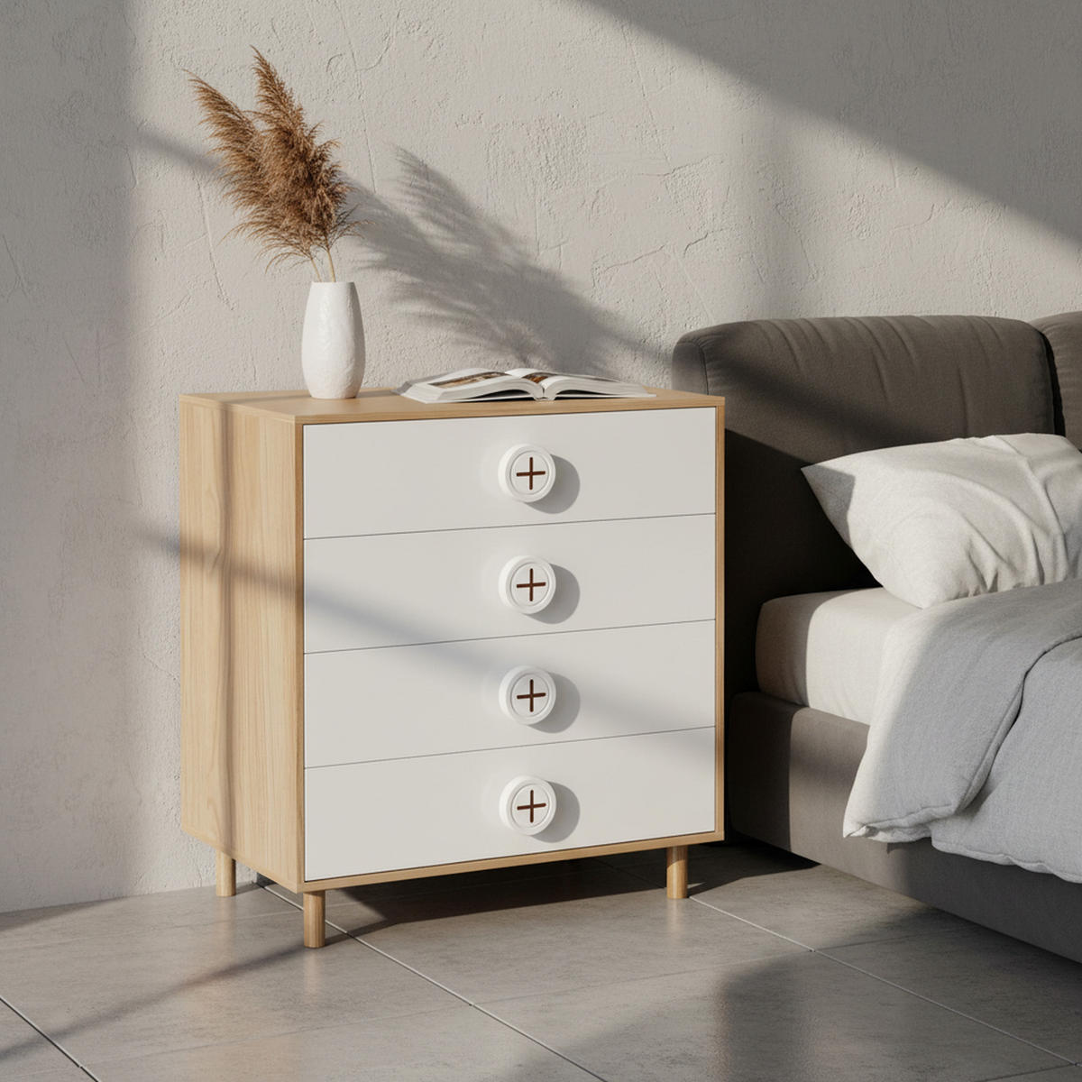 NACHTSCHRÄNKCHEN Modern Weiß Holzoptik mit 4 Schubladen 80×54×90 cm - Weiß, Holzwerkstoff (80/90/54cm) - Urban Meuble