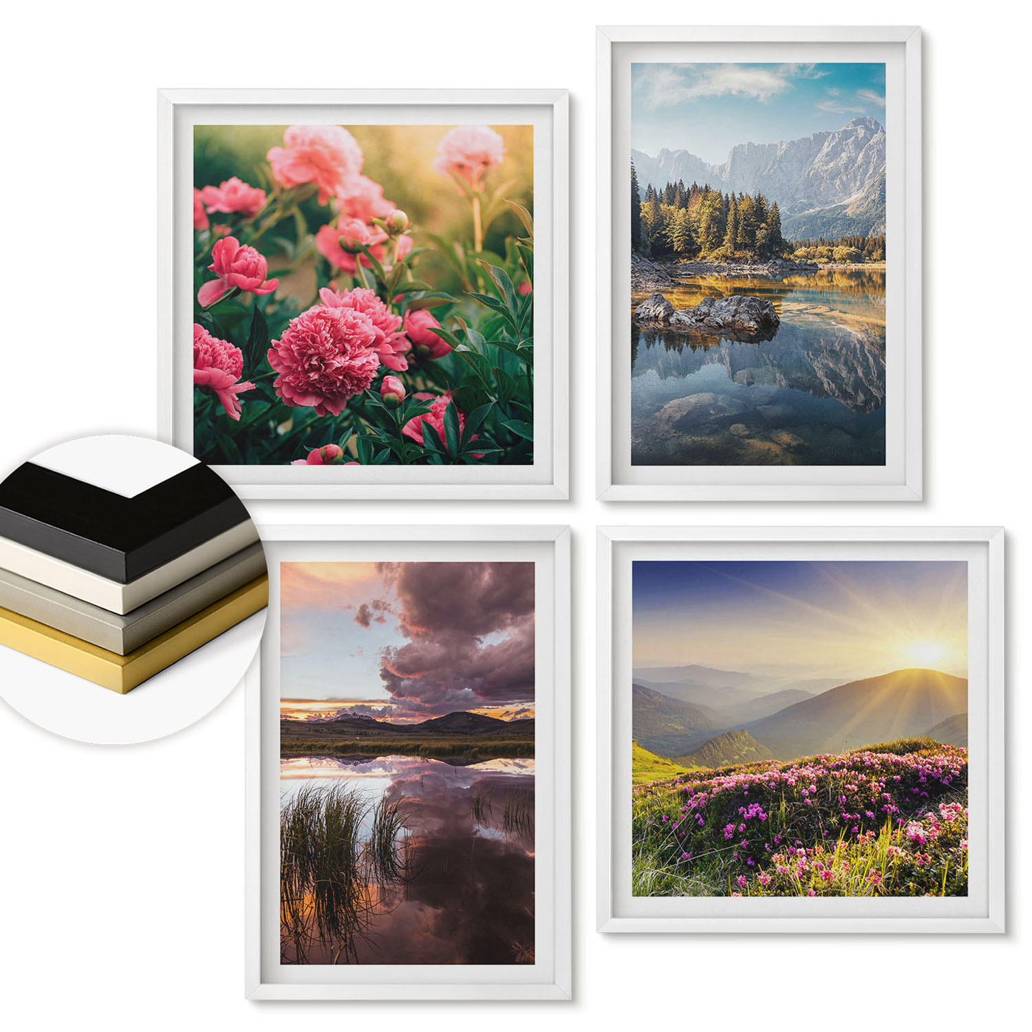 WANDBILDER 4er-Set - 50x50 cm & 40x60 cm Weißer Rahmen - Blumengarten, Bergwiese, Wasser - Weiß, Kunststoff (50/50cm) - ArtPrintCave