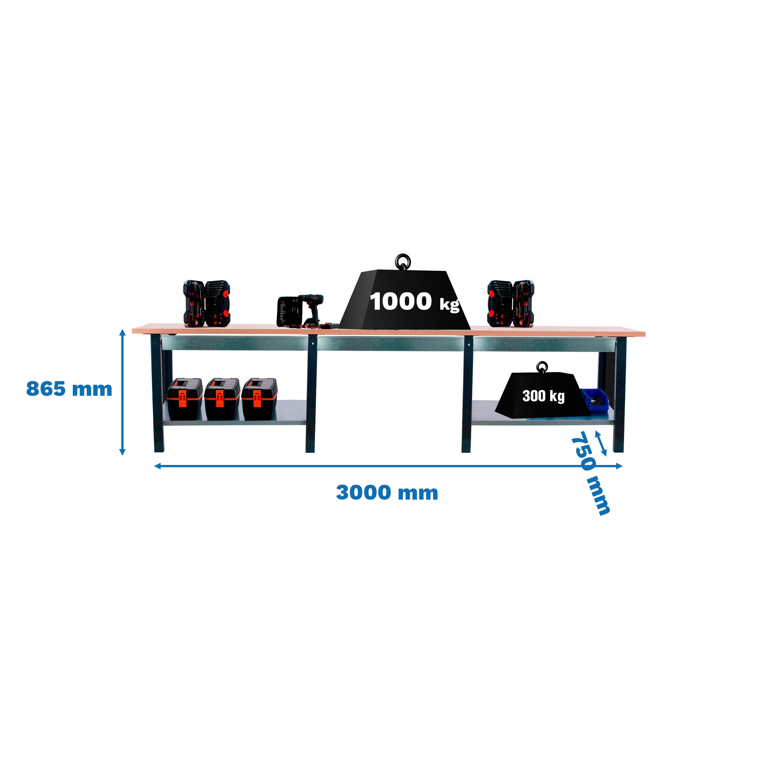 WERKBANK Buffalo Wood mit 3x Schublade HxBxT 86,5 x 300 x 75 cm Traglast 1000 kg Anthrazit - Anthrazit, Metall (300/86.5/75cm) - PROREGAL