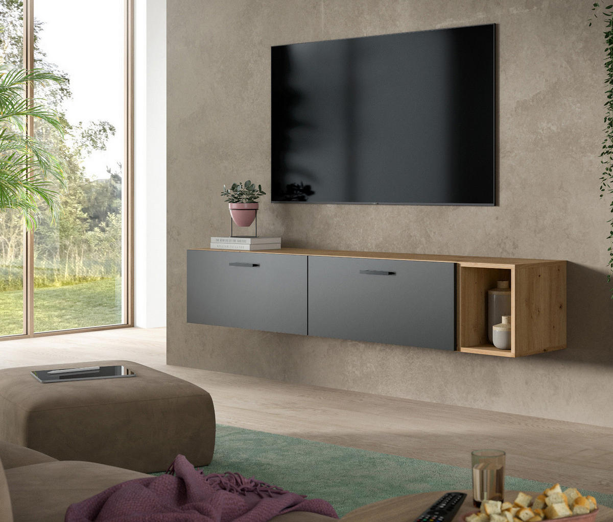 TV-LOWBOARD grau, Eiche Artisan 176 cm, TV Unterteil hängend / stehend - Schwarz/Eiche Artisan, Holzwerkstoff/Kunststoff (176/32/34cm) - Inn.Furn