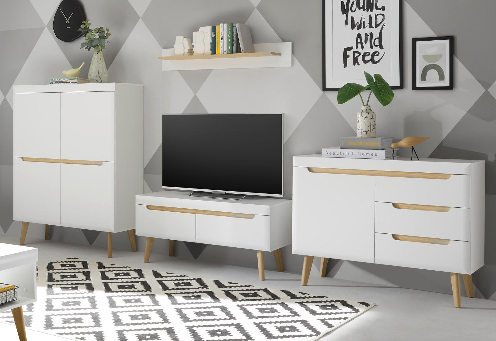 WOHNWAND 4-teilig weiß matt, Eiche, skandinavisch 361 cm, Wohnkombination mit Soft-Close - Eichefarben/Weiß, Holz/Holzwerkstoff (361/170/40cm) - Furn.Design