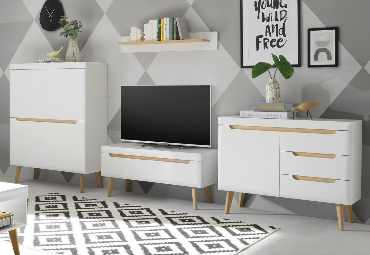 WOHNWAND 4-teilig weiß matt, Eiche, skandinavisch 361 cm, Wohnkombination mit Soft-Close - Eichefarben/Weiß, Holz/Holzwerkstoff (361/170/40cm) - Furn.Design