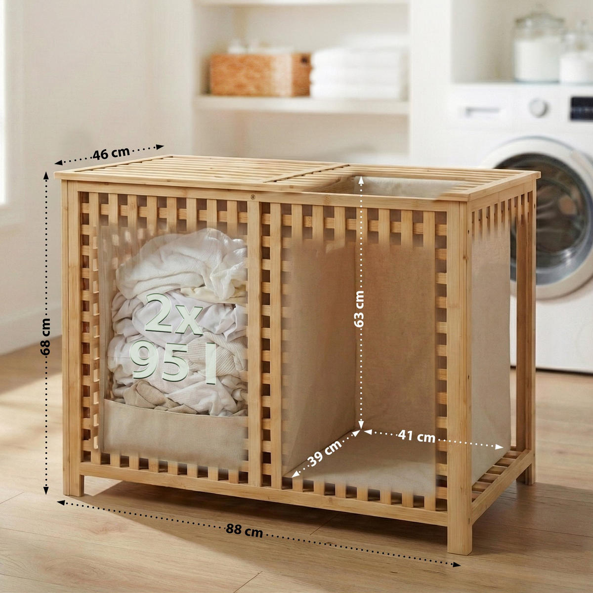 WÄSCHEBOX Hanau 2 Fächer je 95 Liter 88x46x68cm Holz Natura Wäschesammler - Naturfarben, Holz (88/68/46cm) - DELUKE