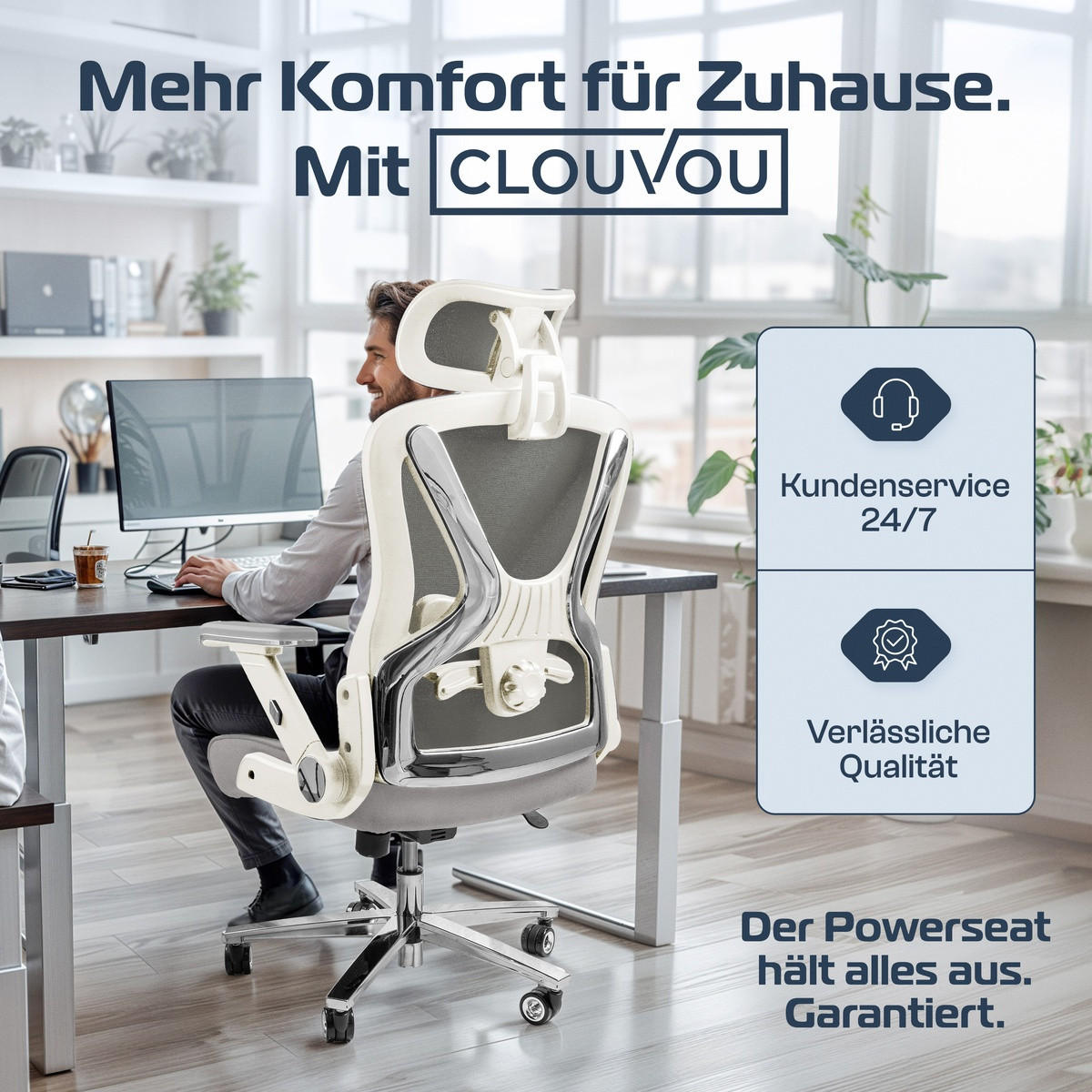 BÜROSTUHL PowerSeat Creme-Weiß - Beige/Silberfarben, Kunststoff/Textil (74/135/74cm) - Clouvou