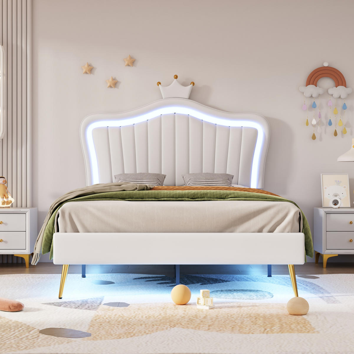 KINDERBETT 90/200 cm in Weiß mit LED-Beleuchtung und Muschel-Kopfteil - Weiß, Textil (90/200cm) - Flora Grace