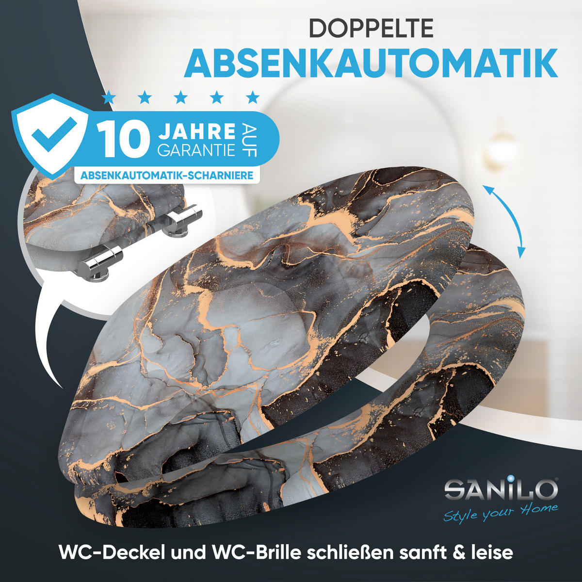 WC Sitz Absenkautomatik Marmor Abstrakt - Grau, Holzwerkstoff (38/6/47cm) - Sanilo