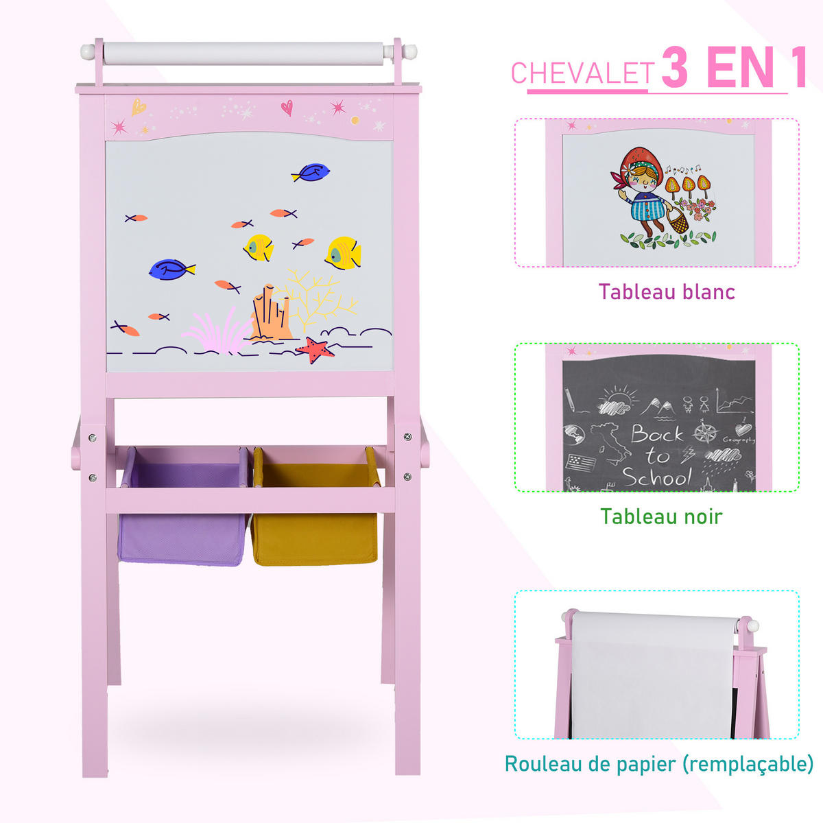 MALTAFEL DE-18175 3-in-1 mit Papierrolle Rosa - Pink, Holzwerkstoff (50.5/118/58.5cm) - ComfortXL