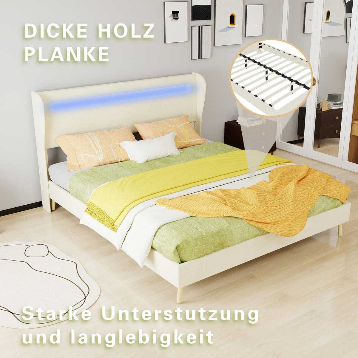 POLSTERBETT 160/200 cm in Beige mit LED und verstellbarem Kopfteil Stoff - Beige/Naturfarben, Holzwerkstoff/Textil (160/200cm) - STILVORA