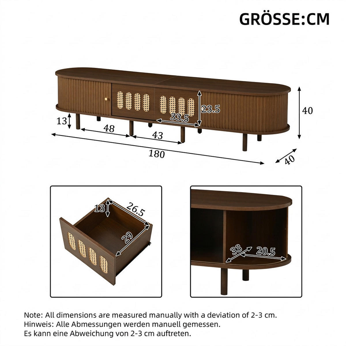 TV-SCHRANK 180/40/40 cm Nussbaum Rattan mit 2 Schubladen und 2 Rolltüren - Nussbaumfarben, Holzwerkstoff (180/40/40cm) - Oxeza
