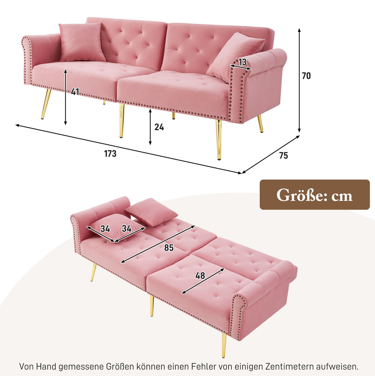 SCHLAFSOFA 2-Sitzer Samt mit 3-fach verstellbarer Doppel-Rückenlehne Rosa 173/75/70 cm - Rosa, Textil (70/173/75cm) - Redom