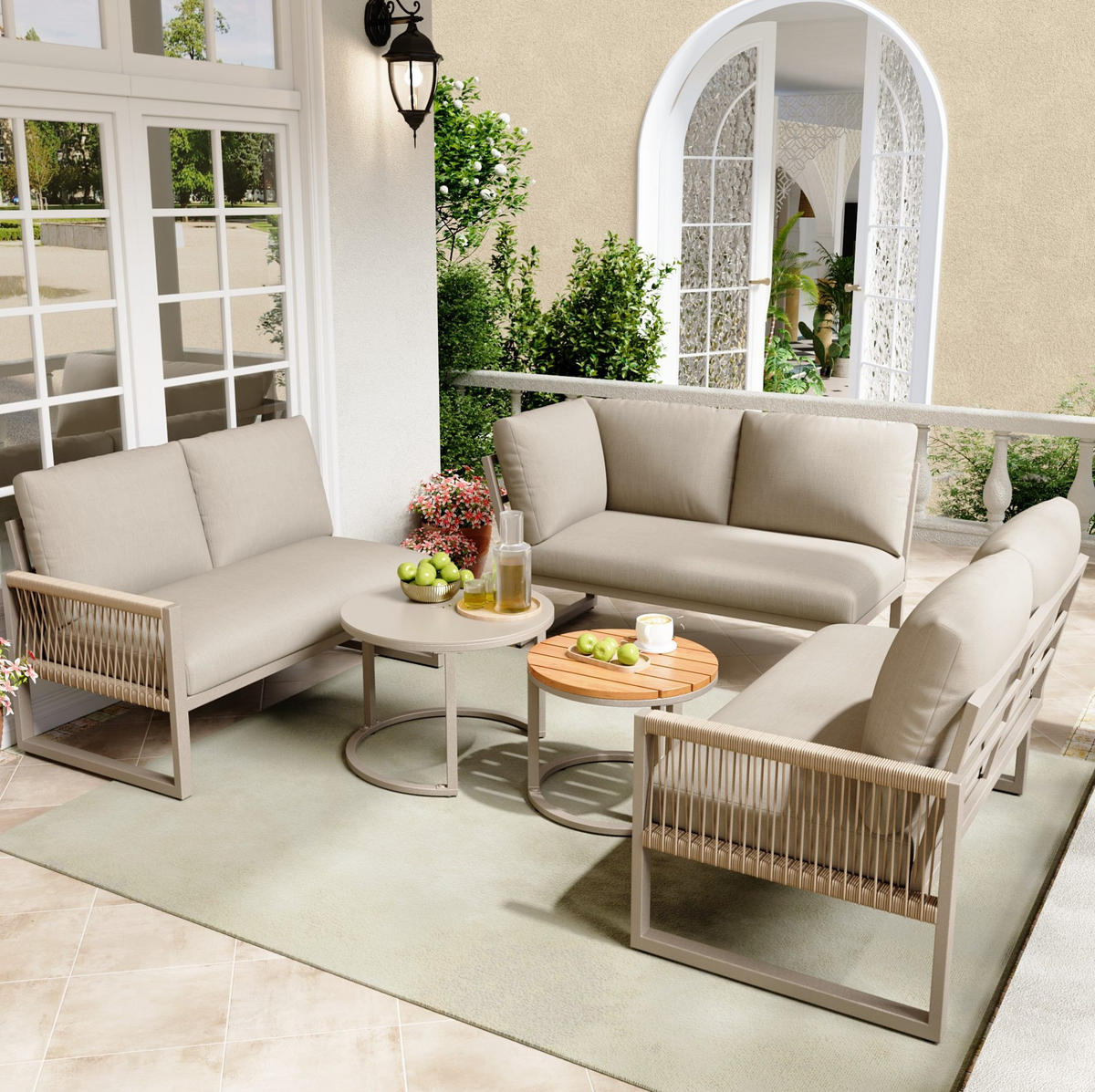 GARTEN-LOUNGE-SET 123/68/86 cm mit 2 Tischen, verzinktem Metallgestell und Kissen, Beige - Beige, Metall - Redom