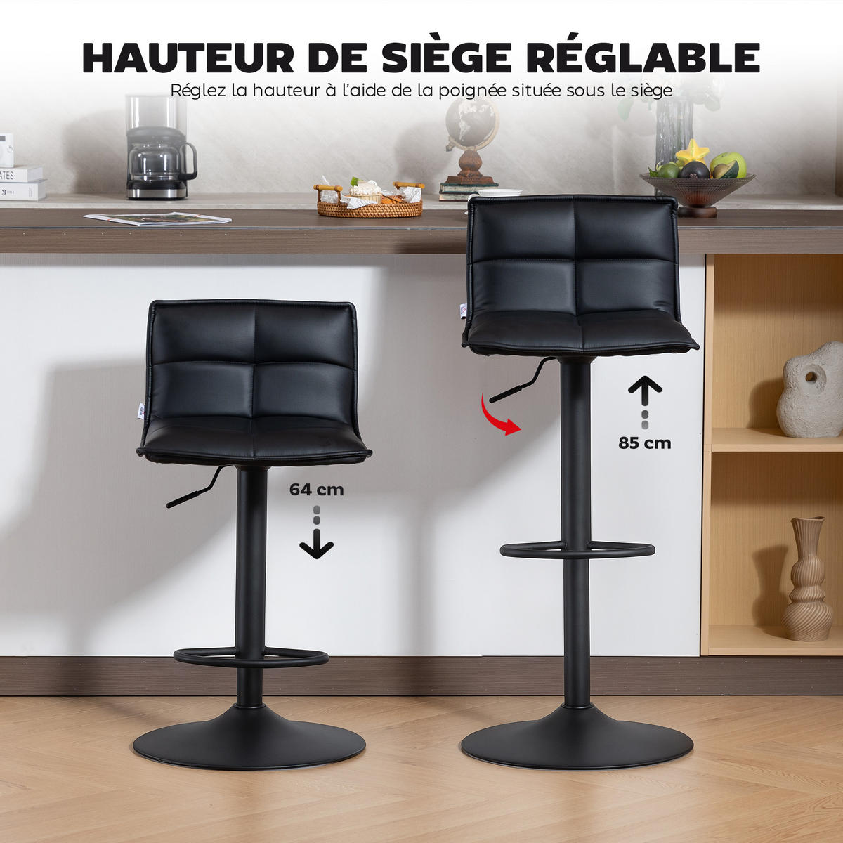 BARHOCKER 2er-Set DE-14804 höhenverstellbar & 360° schwenkbar Schwarz - Schwarz, Metall (44/106/45cm) - ComfortXL