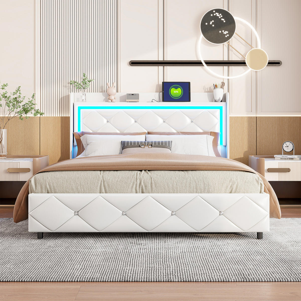 POLSTERBETT 140x200 cm Weiß PU Leder Bett, LED RGB Beleuchtung, Ladefunktion & Gasdruck Stauraum - Weiß, Leder (140/200cm) - CASIVA