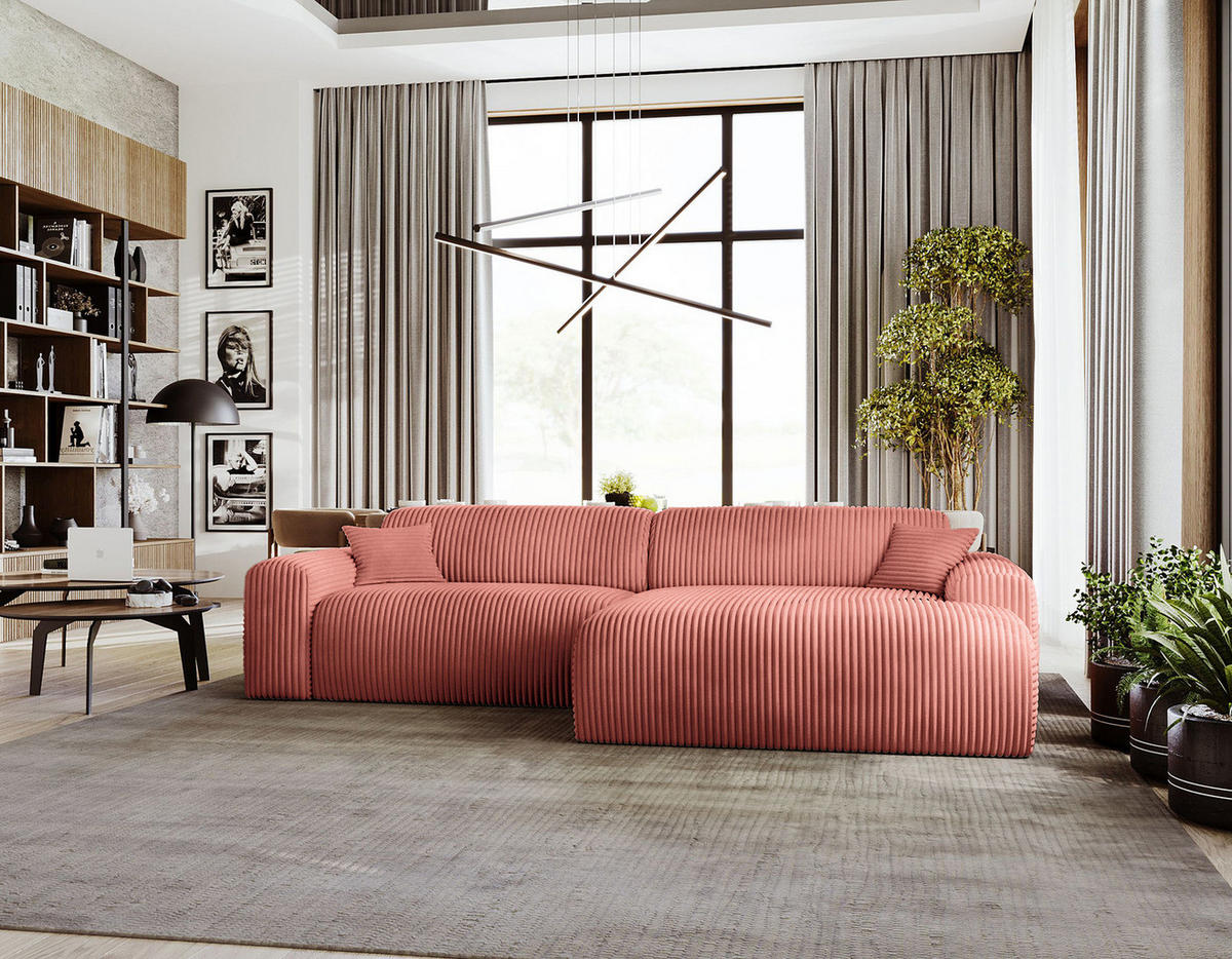 ECKSOFA mit Longchair - Cord - Schwarz/Altrosa, Kunststoff/Textil (284/178cm) - home24