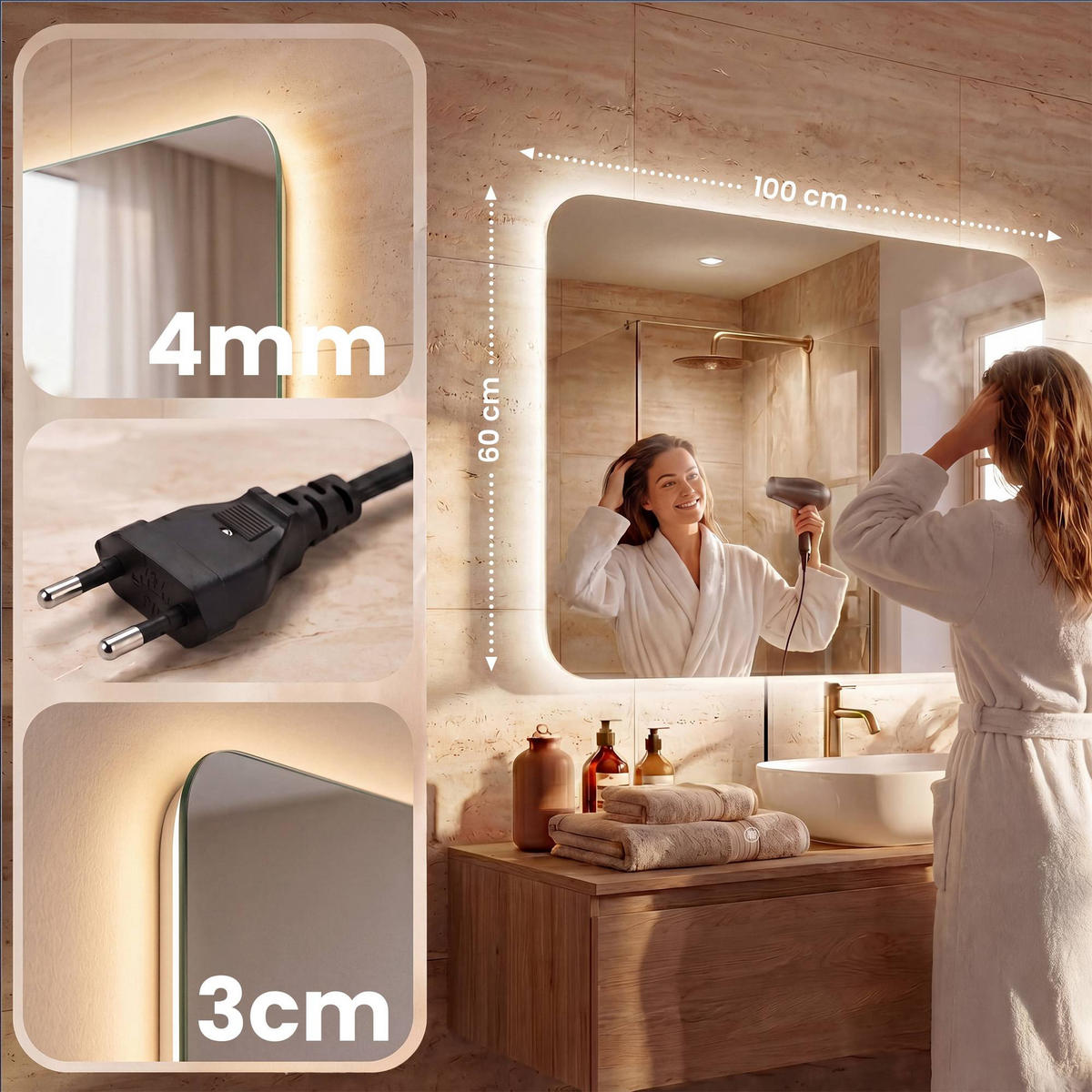 BADEZIMMERSPIEGEL eckig 100/3/60 cm Glas Klarglas - Klar, Glas (100/60/3cm) - CLP
