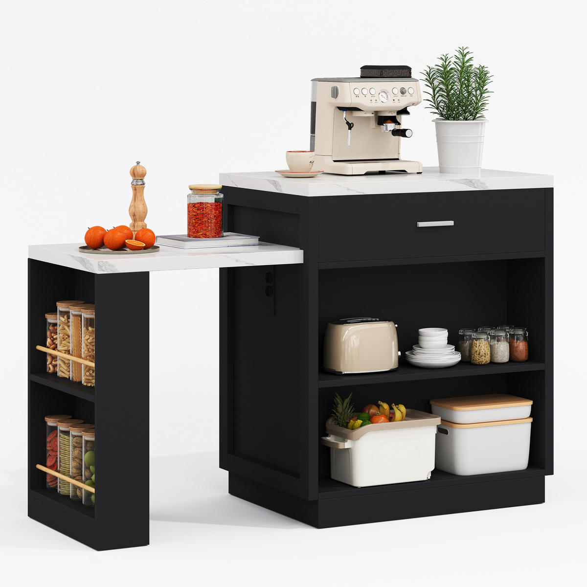 KUECHENINSEL mit ausziehbarem Esstisch 211 x 55 x 89,5 cm MDF Schwarz - Schwarz, Holz (55/89.5/211cm) - Beauniv