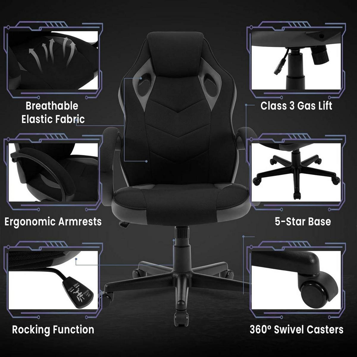 GAMINGSTUHL mit Kopfkissen, Mesh-Gewebe, Grau + Schwarz - Schwarz/Grau, Textil/Metall (62/104/72.5cm) - Woltu