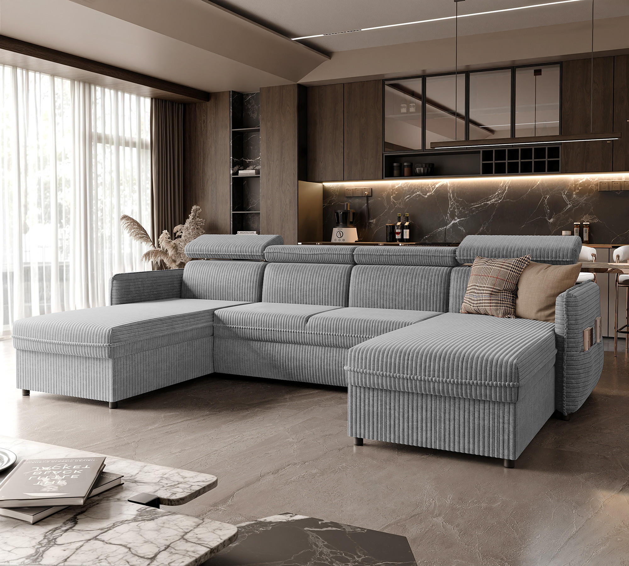 WOHNLANDSCHAFT U-Form Beni mit Schlaffunktion, Cord-Stoff Poso 110 Grau - Hellgrau, Holzwerkstoff (286/60/166cm) - Idohome
