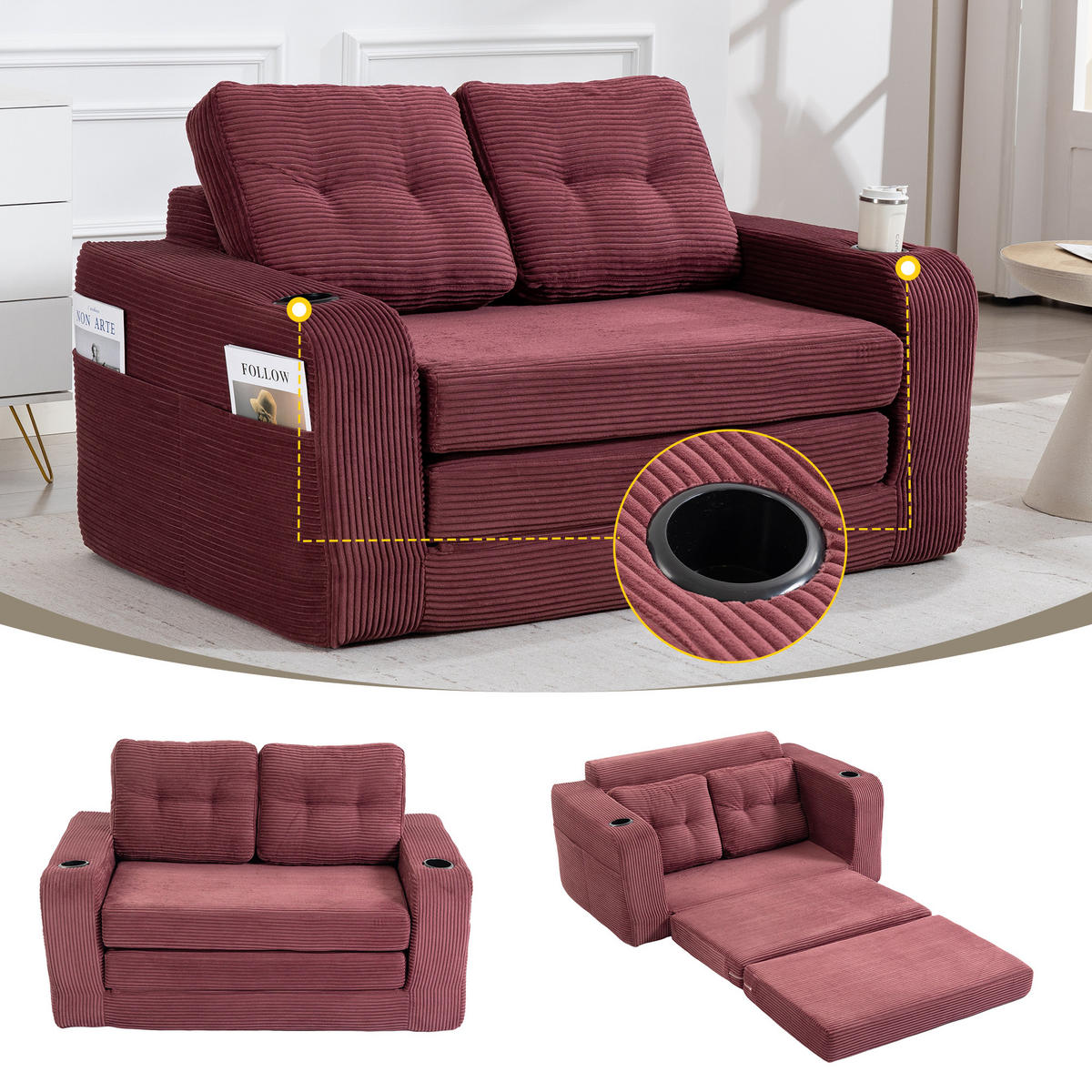 SCHLAFSOFA in Rotwein Cord mit Getränkehalter und Seitentaschen - Weinrot, Textil (136/82.5/80cm) - Oxeza