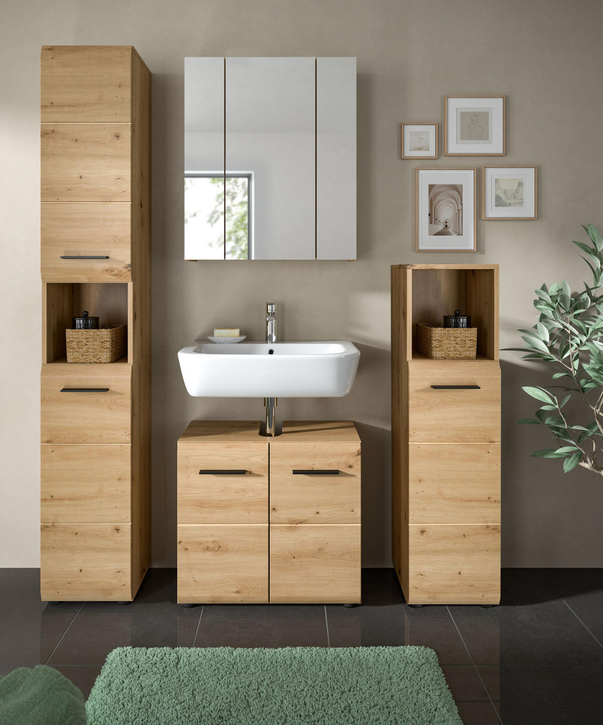 BADMÖBEL-SET 4-teilig in Artisan Eiche, Badkombination 150 x 185 cm, Cover - Schwarz/Eiche Artisan, Glas/Holzwerkstoff (150/185/30cm) - Inn.Furn