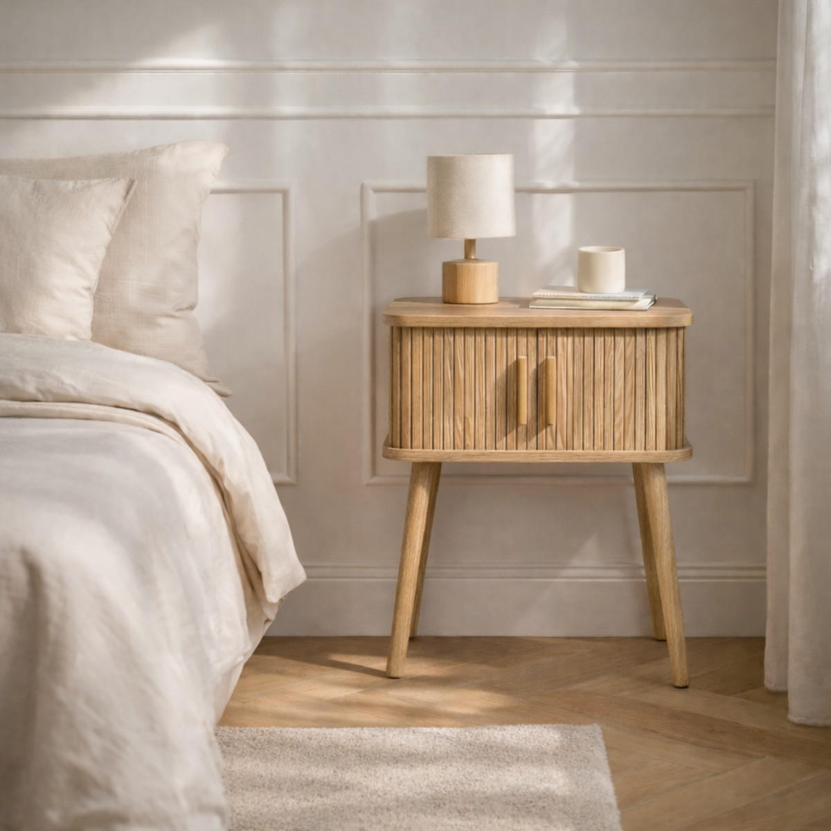 NACHTTISCH mit Eichenmuster 2 Schiebetüren H59 cm - Ernest - Eschefarben, Holzwerkstoff (35/58.5/38.5cm) - Calicosy