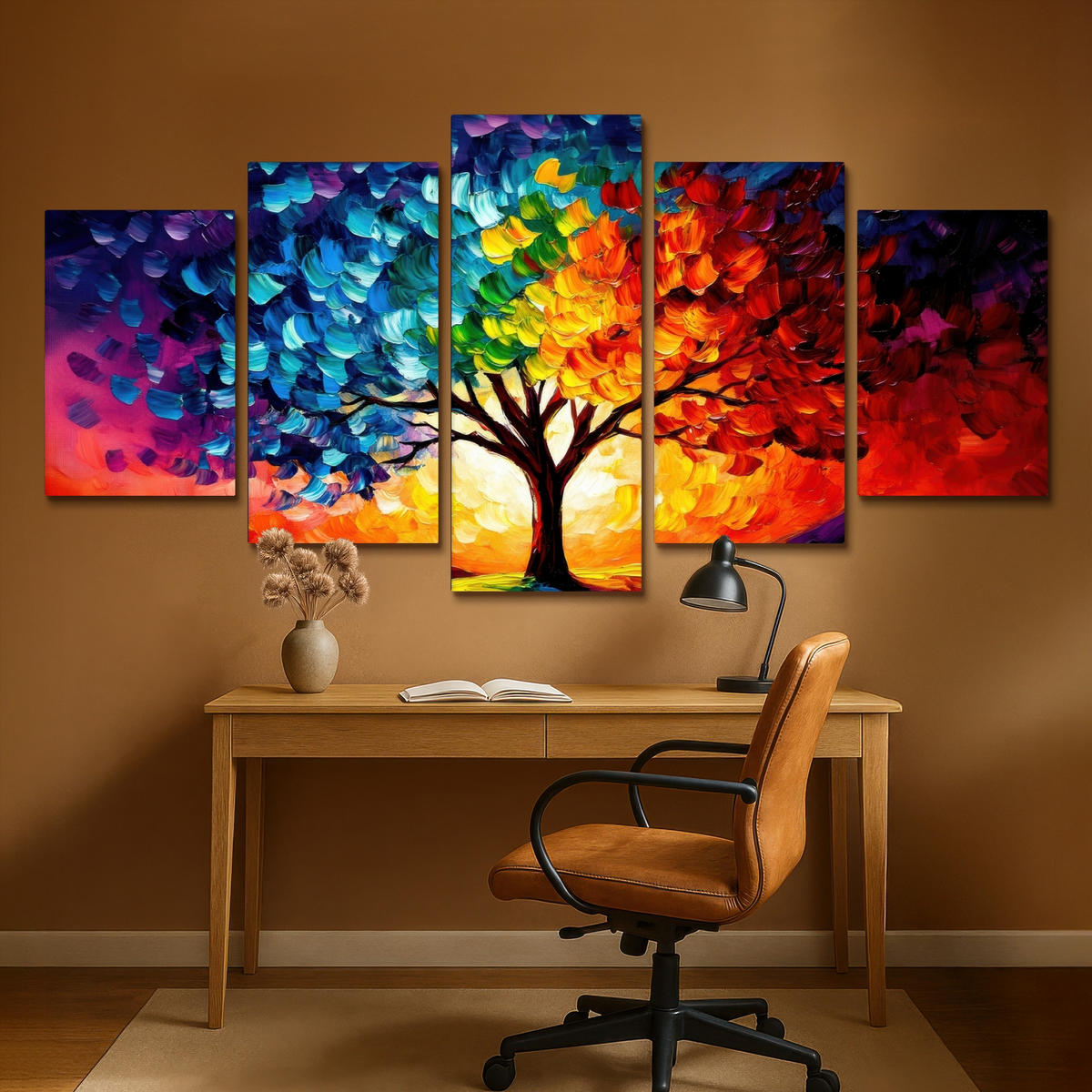 LEINWANDBILD 5er Set Baum - Farbenfroh - Malerei-Look - Abstrakt 200x100 cm - Multicolor, Textil (200/100cm) - MuchoWow