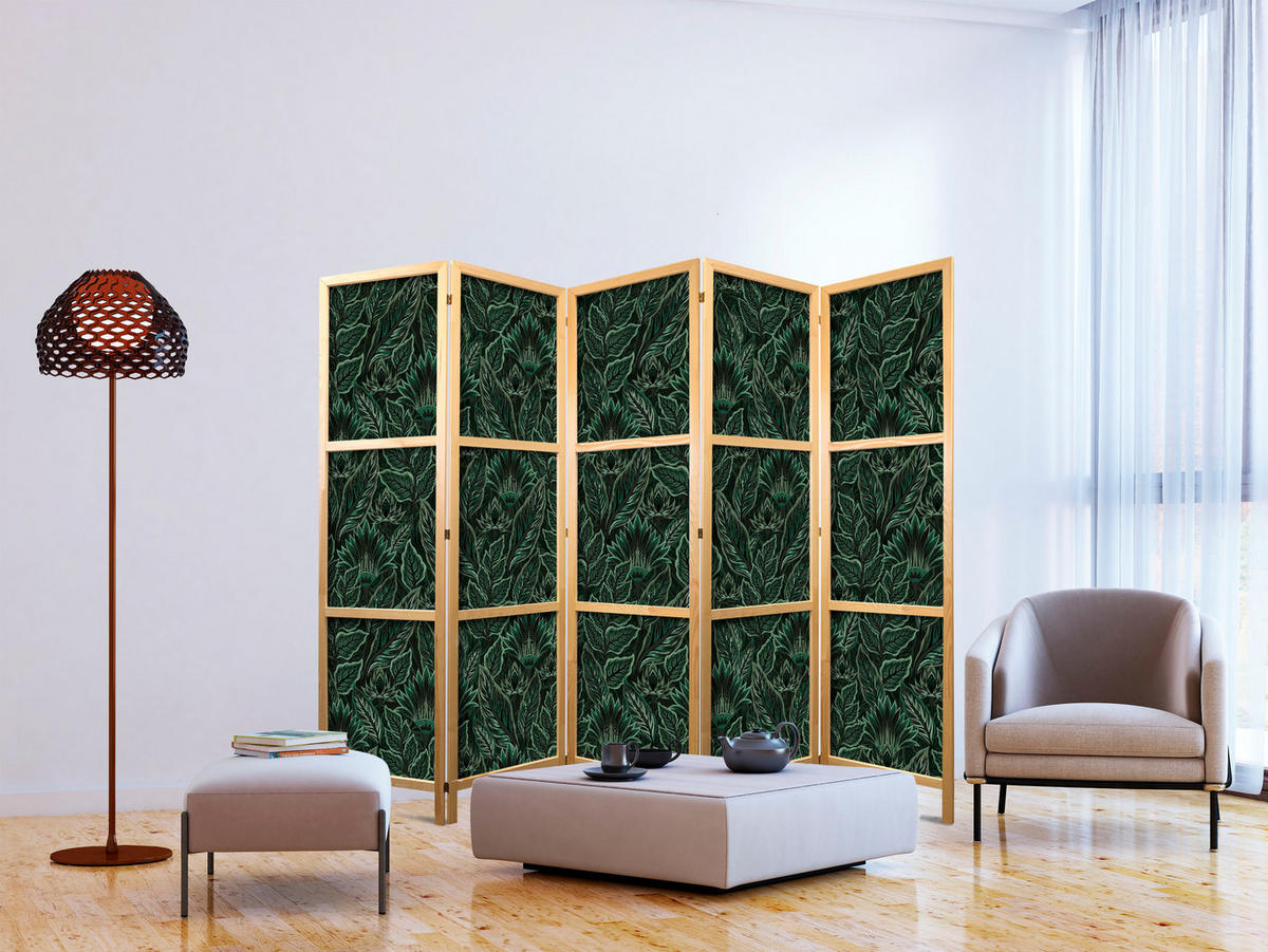 PARAVENT Japanischer 5-tlg 225x172 cm Gr ne Bl tter - Grün, Holz/Textil (225/172/3cm) - Muralo