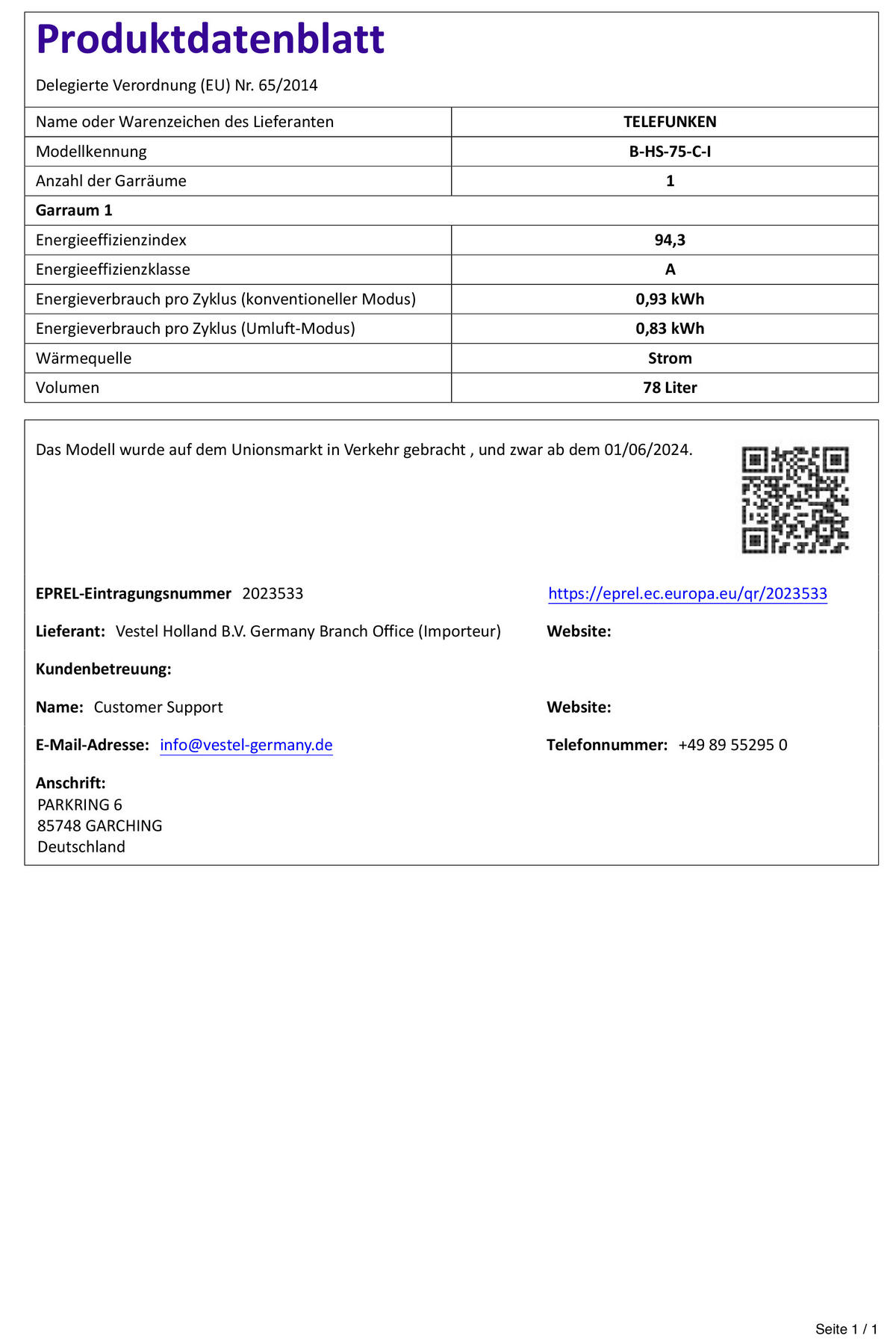 EINBAUHERD-SET, Backofen mit Ober-Unterhitze und Umluft, Glaskeramik-Kochfeld mit 4 Zonen, Teleskopauszug, 78 Liter, 60 cm, B-HS-75-C-I - Edelstahlfarben, Keramik/Metall (59.5/59.5/57cm) - Telefunken