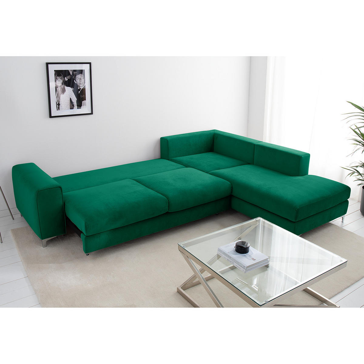 ECKSOFA mit Ottomane - Chromfarben/Olivgrün, Textil/Metall (302/1cm) - home24