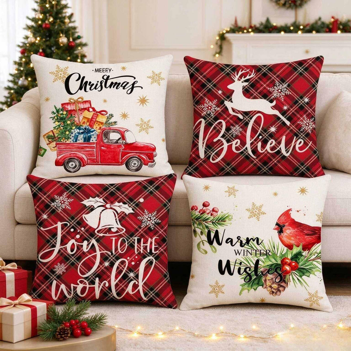 KISSENBEZUG – Weihnachtskissenbezug (Kissenfüllung nicht enthalten) – 45 x 45 cm – Multicolor(vier Stück) - Multicolor, Textil (45/45cm)