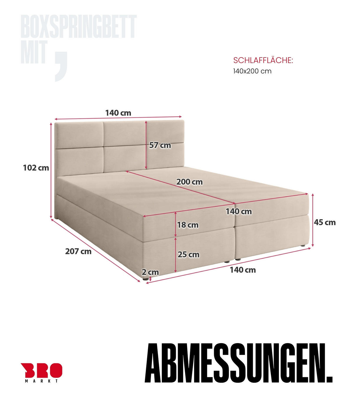 BOXBETT Boston mit Topper 140/200 Beige - Beige, Holzwerkstoff/Textil (140/200cm) - Bromarkt