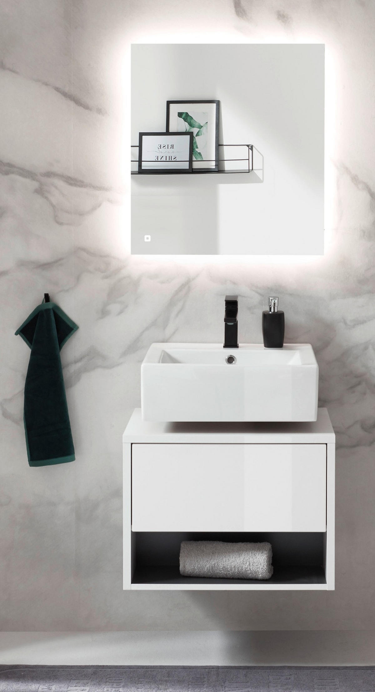 BADMÖBEL-SET 3-teilig weiß Hochglanz, grau mit LED Beleuchtung 100 cm - Weiß Hochglanz/Grau, Glas/Holzwerkstoff (100/190/46cm) - Furn.Design