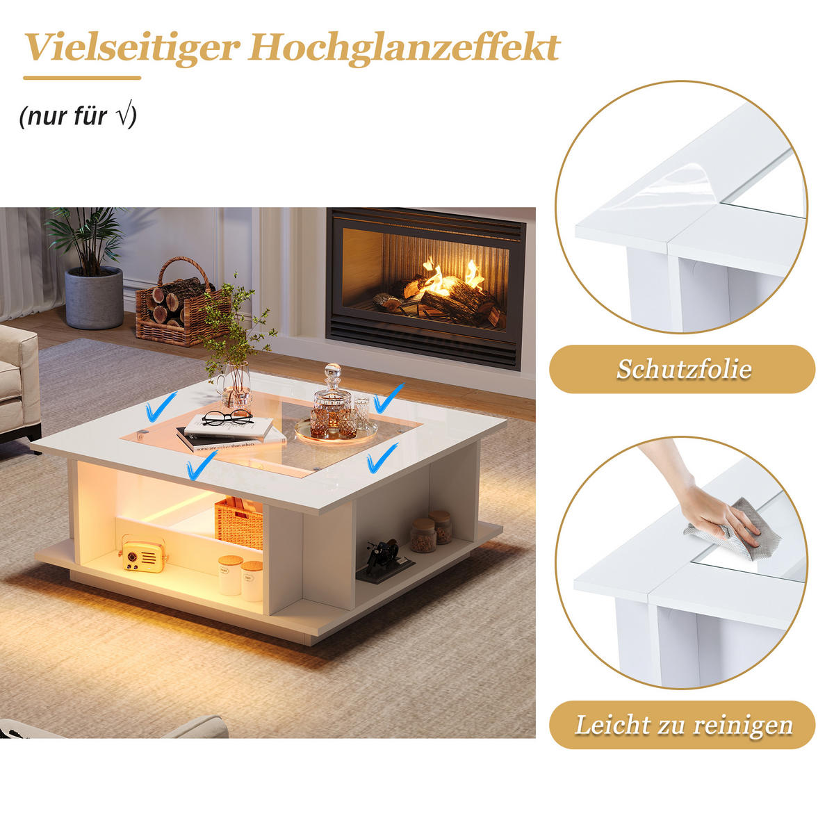 COUCHTISCH mit Hochglanz Weiß und Glasplatte integrierten Ablagen LED-Beleuchtung 70/70/30 cm - Weiß, Glas/Holzwerkstoff (70/70/30cm) - EVRYAE