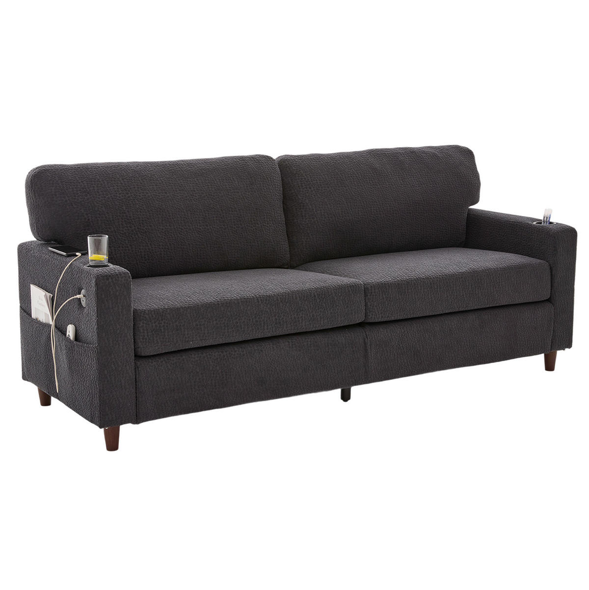 2-SITZER-SOFA aus Chenille 203x77,5x86 cm Dunkelgrau mit USB-C, LED, Getränkehaltern und Seitentaschen - Dunkelgrau, Textil (77.5/86/203cm) - Modfu