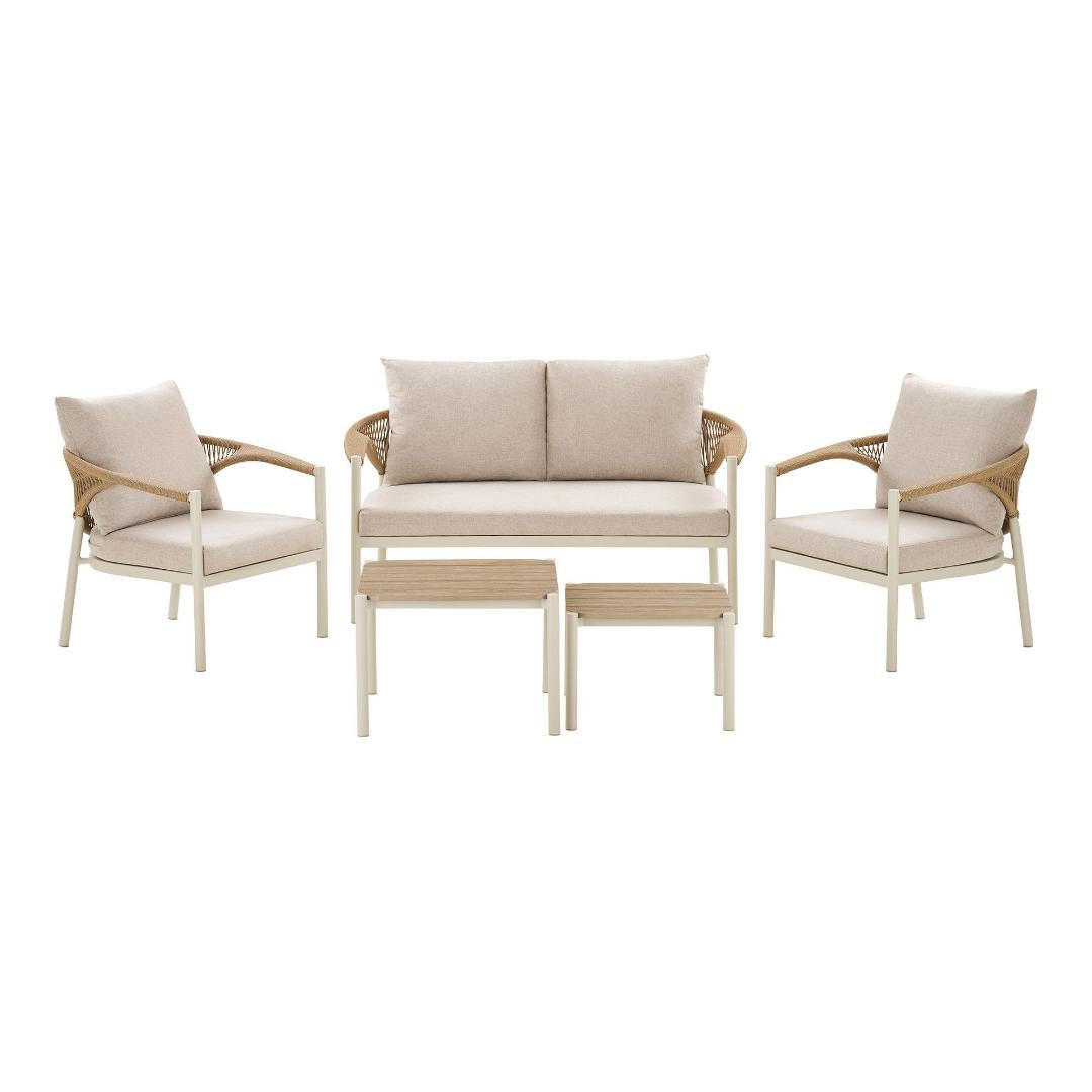 LOUNGE-SET, Bella, Tisch Natur, Stühle Sand, Metall / Polyester, 109 x 56 x 42 cm, 5-teilig - Naturfarben, Metall - ebuy24