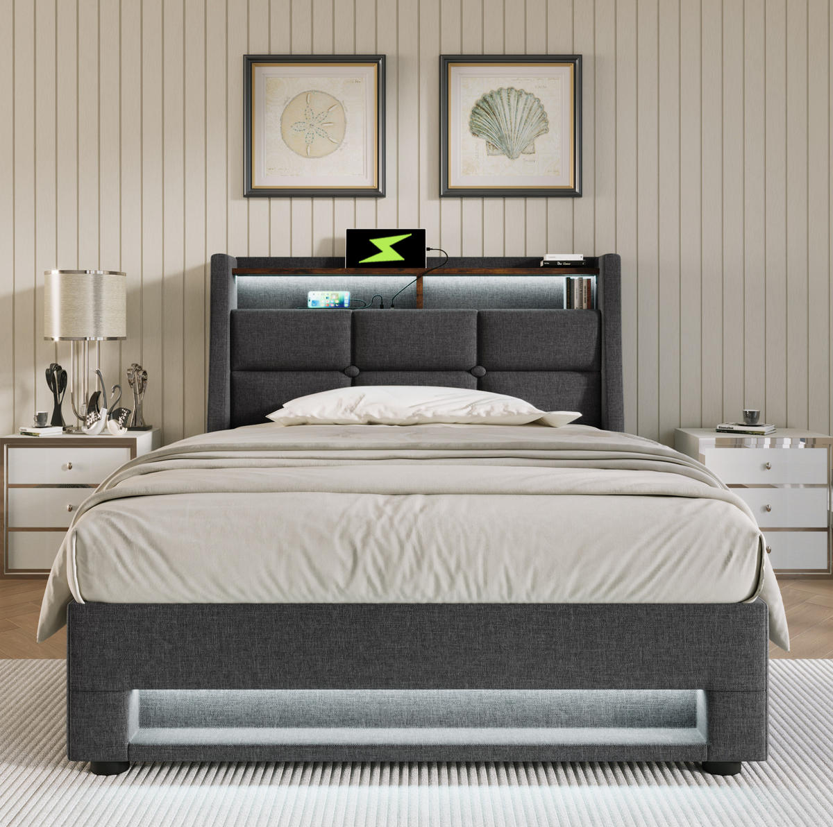 POLSTERBETT mit USB und LED 90x200 cm Leinen Grau mit Matratze - Grau, Metall (90/200cm) - Meubliv