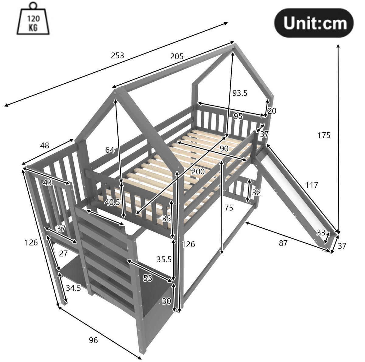 ETAGENBETT 90/200 cm mit Stauraumtreppe, Rutsche und Geländer aus Kiefernholz und MDF, Grau - Grau, Holz (90/200cm) - Redom