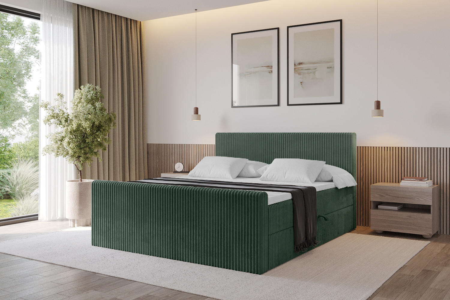 BOXBETT mit Matratze H4 und Lattenrost - TOLO-Z - 140x200 Cord - Dunkelgrün - Dunkelgrün, Holzwerkstoff (140/200cm) - ALTDECOR